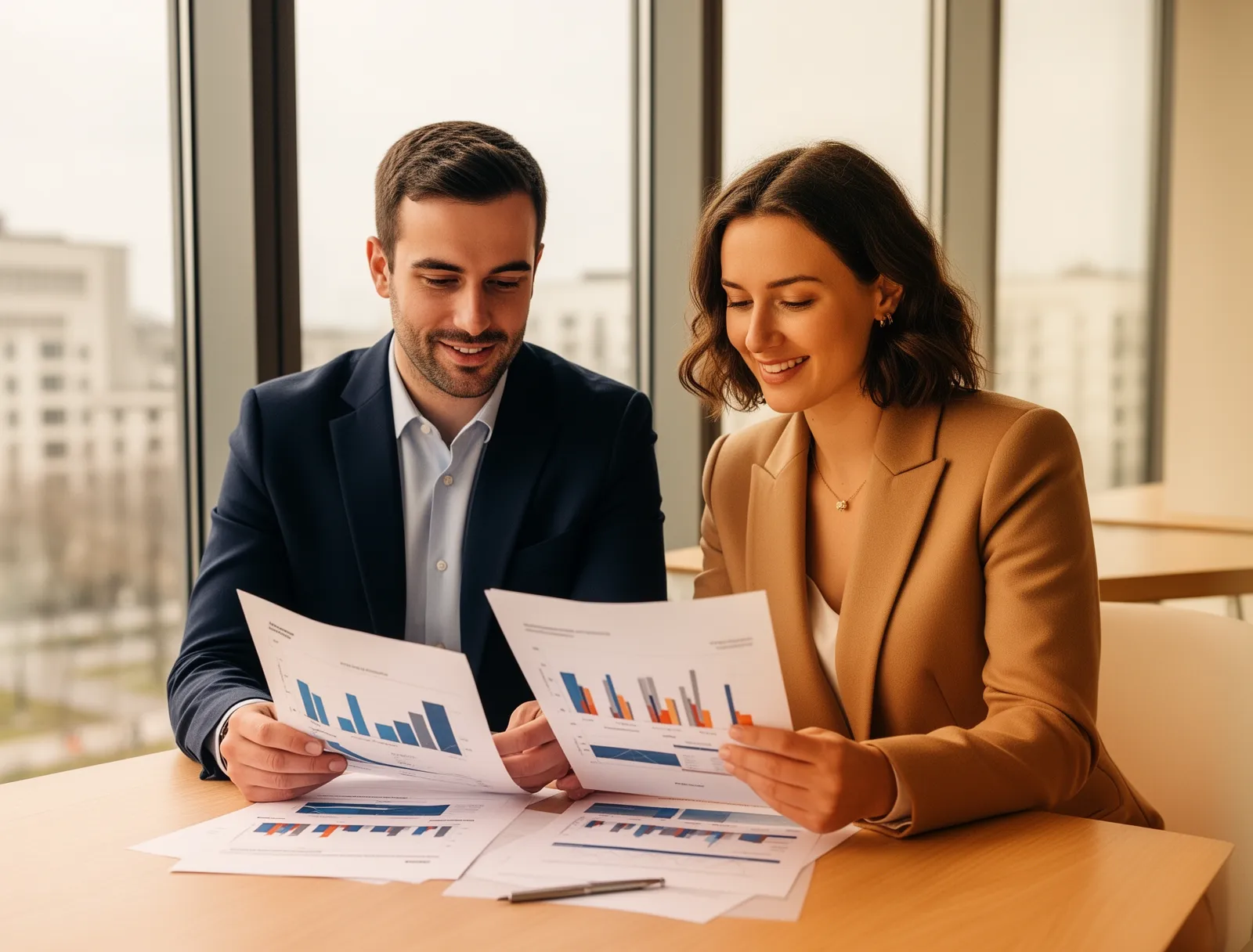 A Meyis advisor reviewing reports with a client in the Warsaw office