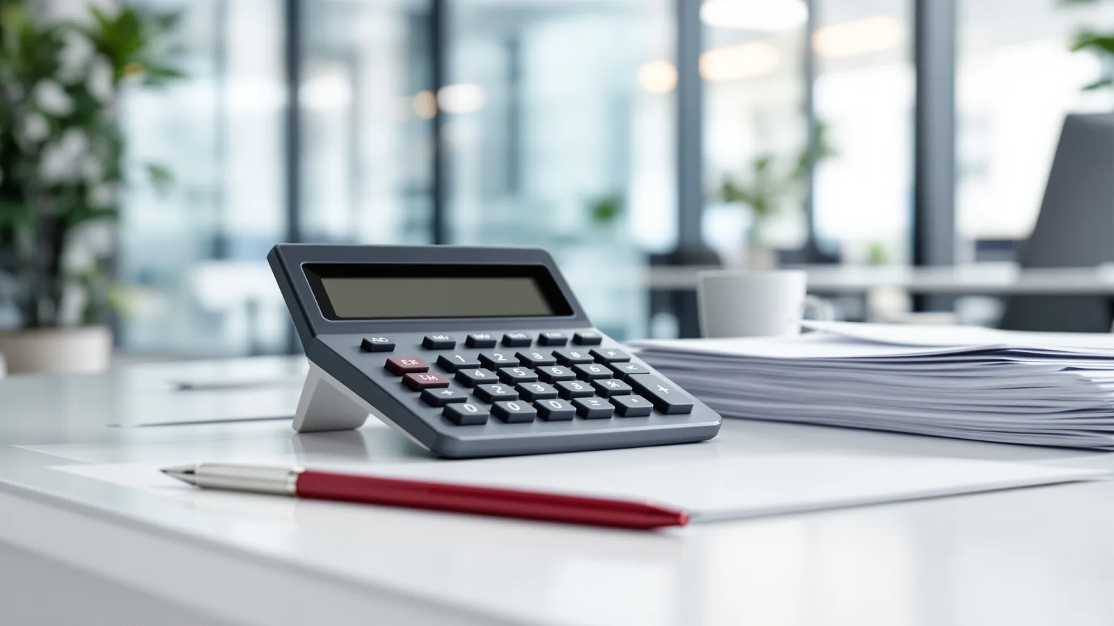 Desktop calculator beside a stack of printed accounts on a white office desk, with a red pen alongside