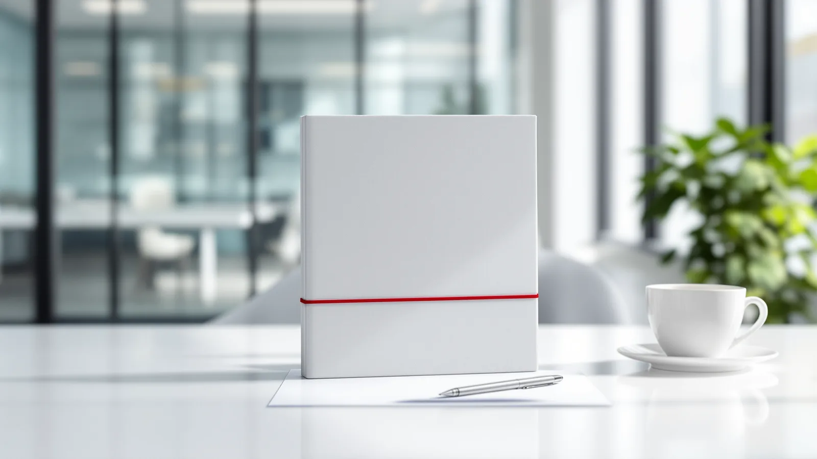 Closed document folder held shut by a red elastic band on a bright office desk, a pen and coffee cup beside it