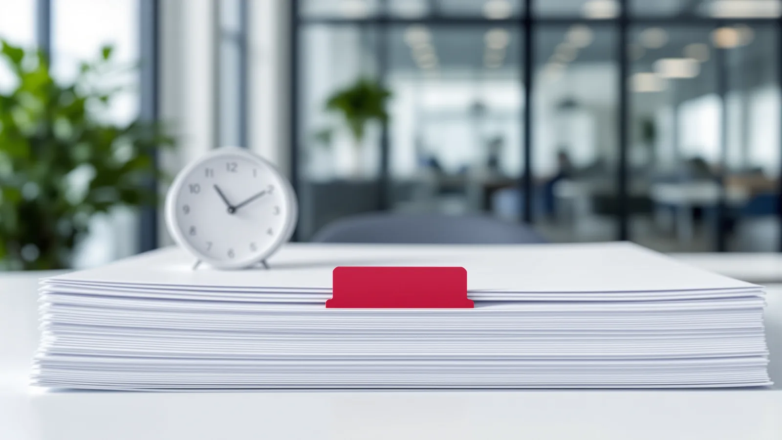 Stack of white documents on an office desk with a single red index tab marking one page, a plain desk clock behind