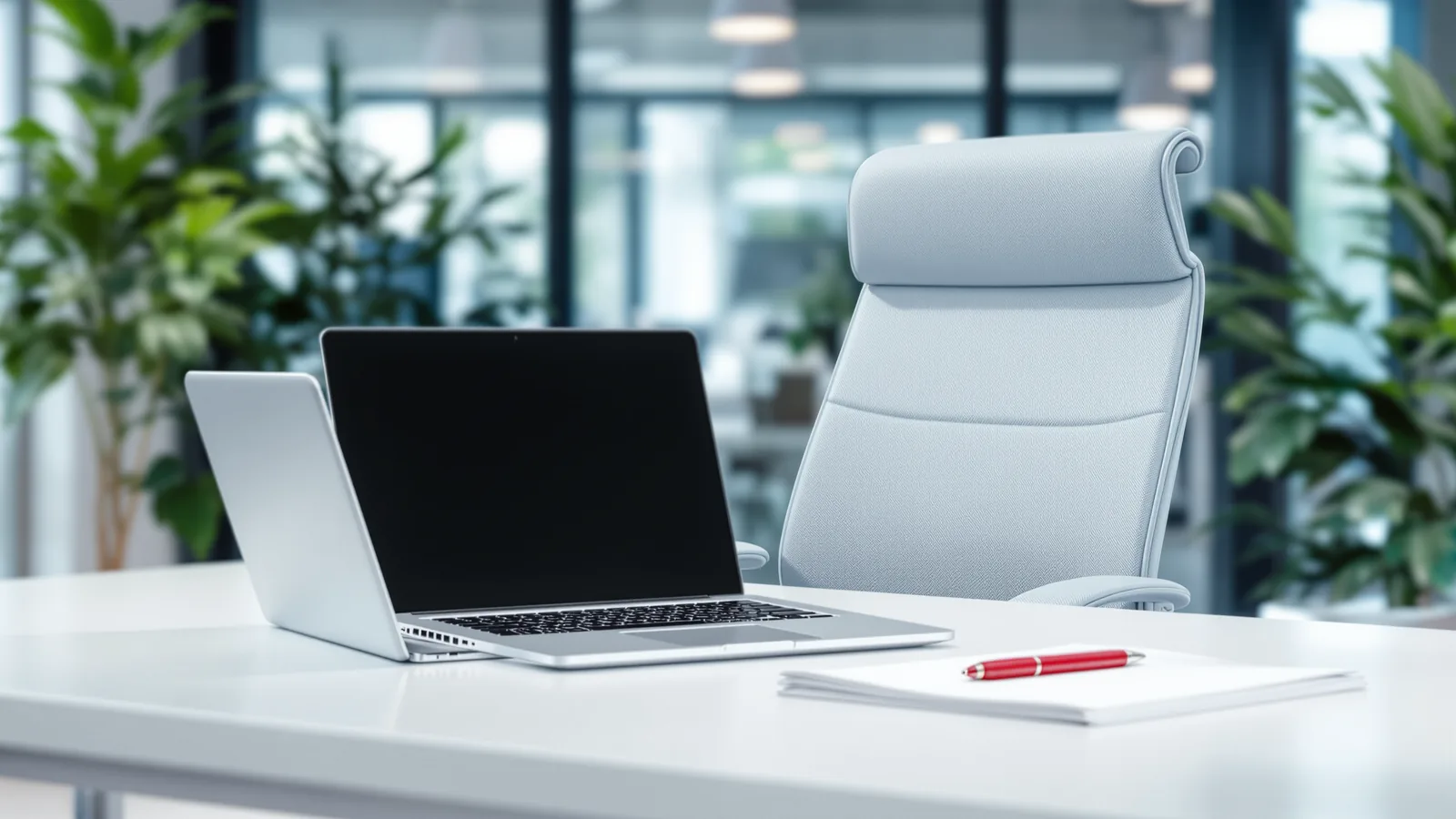 Empty office chair at a newly prepared desk with a closed laptop, a white document folder and a red pen