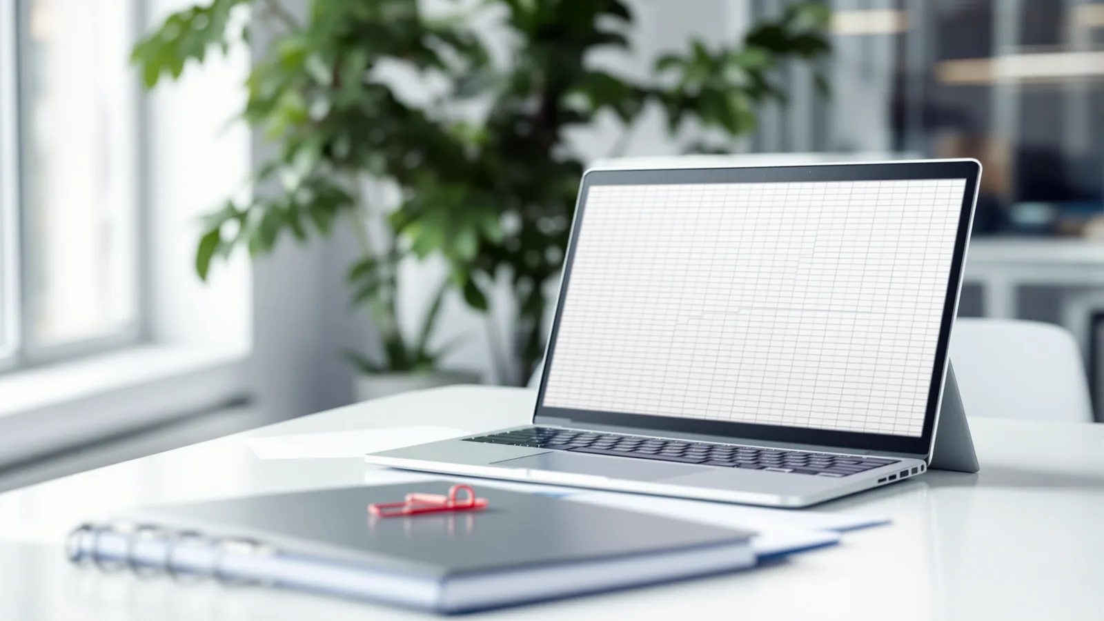 Laptop on an office desk showing an empty spreadsheet grid, beside a closed ledger binder and a red paperclip