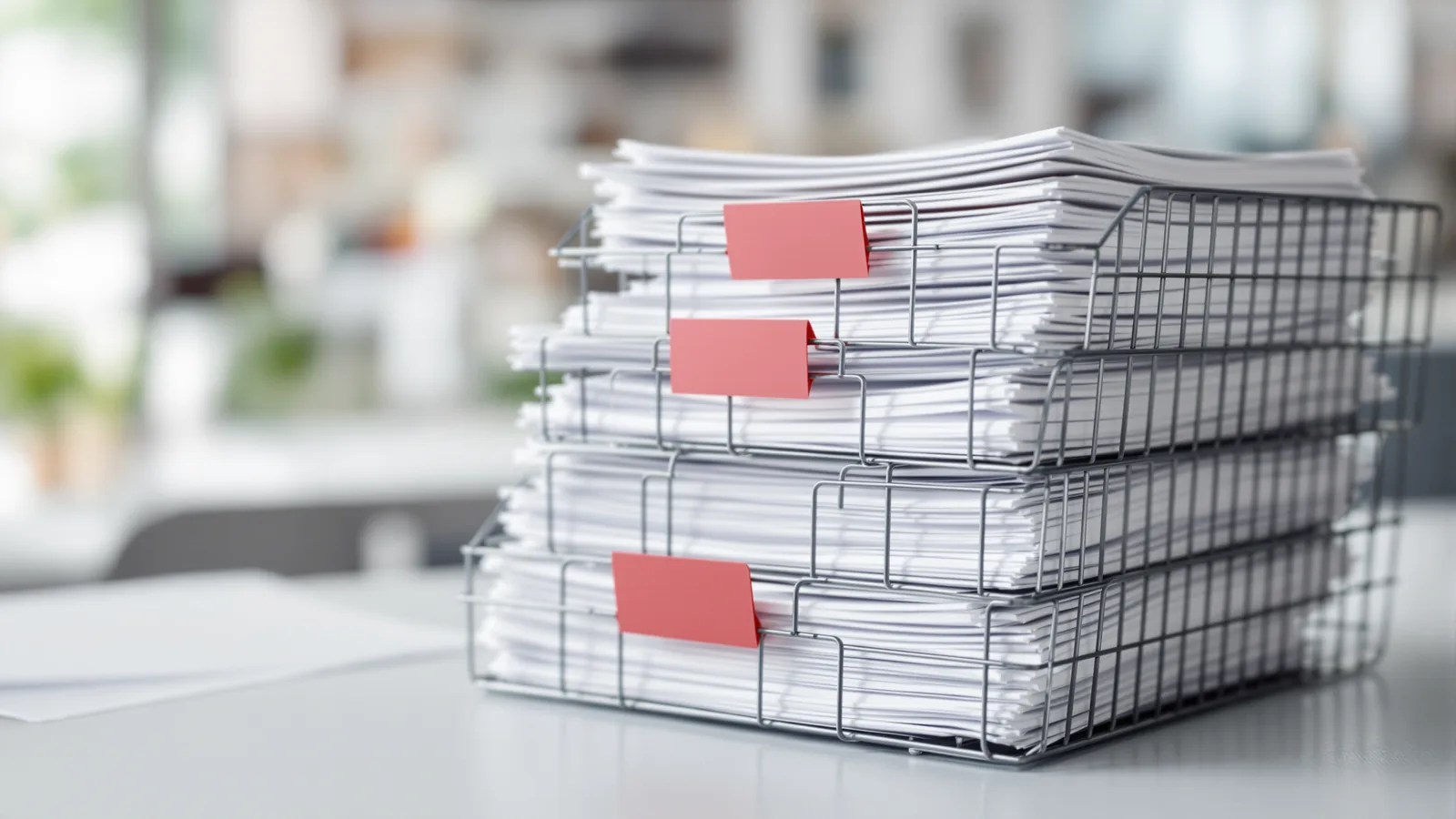 Stacked wire letter trays full of paper documents marked with red tabs, on a bright office desk