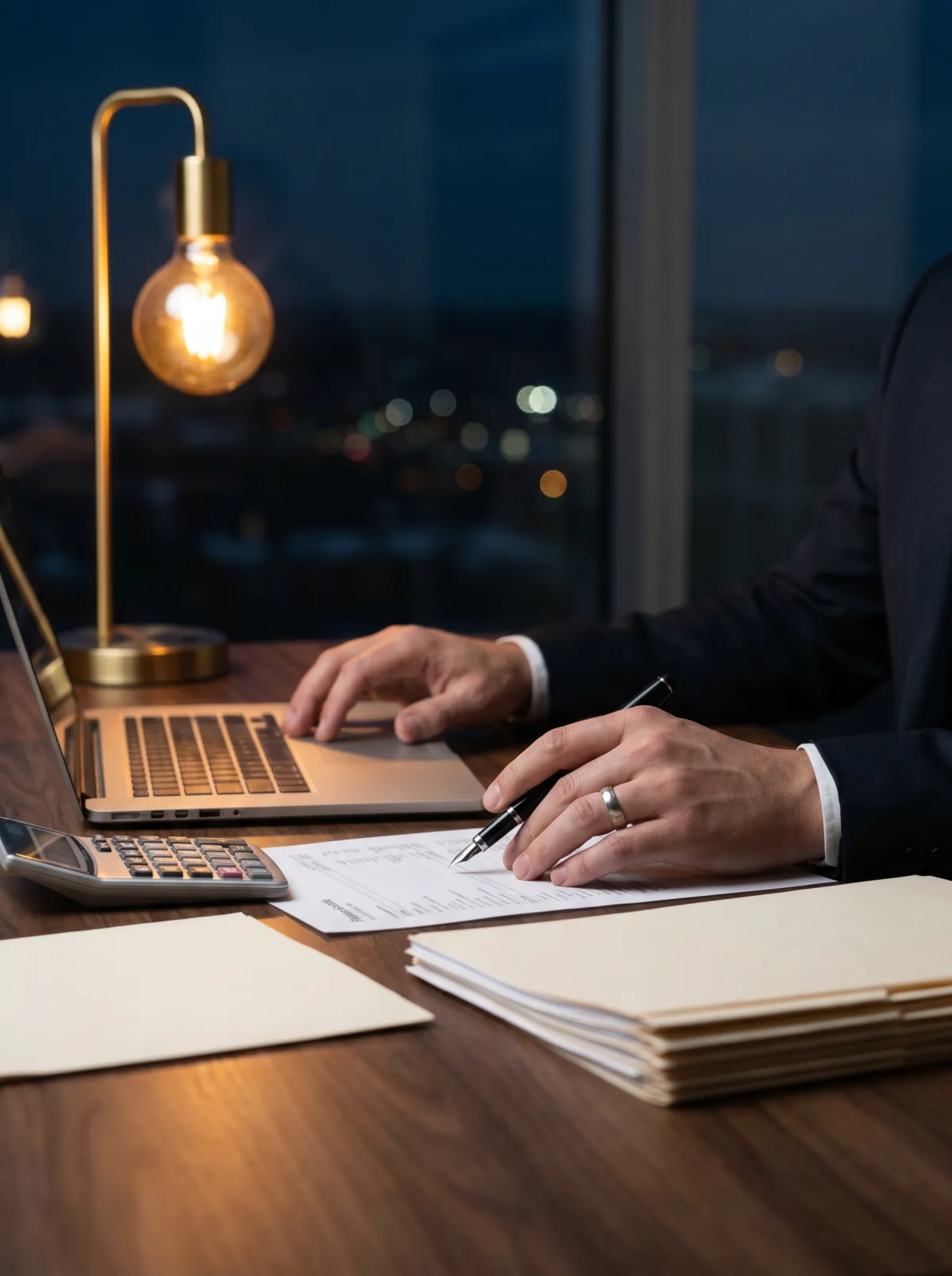 Reviewing financial statements at a Meyis desk
